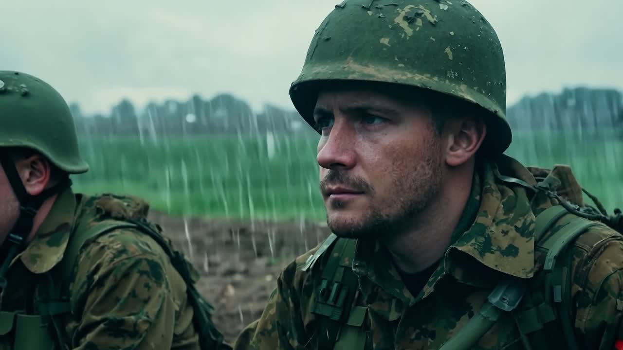 위장 유니폼과 헬을 입은 군인이 비가 오는 동안 기다리고 있으며, 긴장된 분위기를 보여줍니다. 흐릿한 동반자가 배경에 서서 긴급함과 위험의 감각을 더합니다.