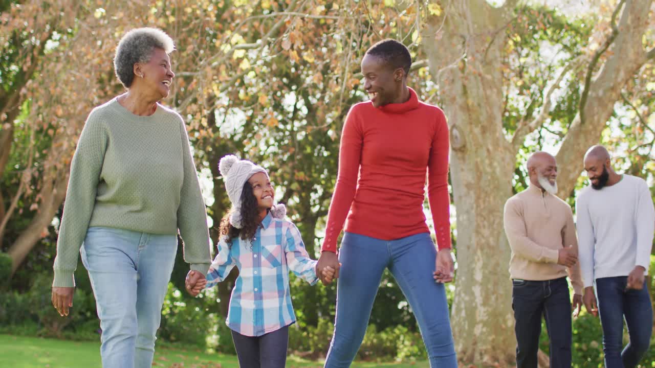Video of happy african american mother, daughter and grandmother walking in garden holding hands