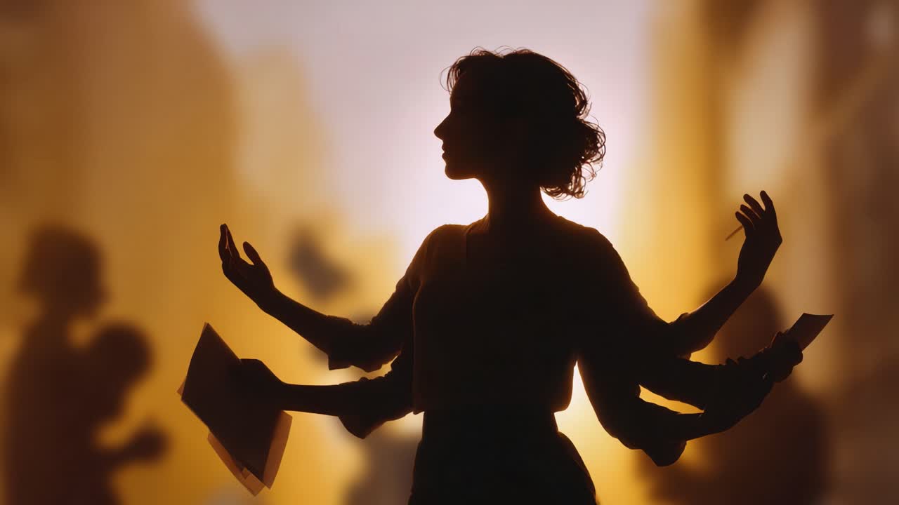 A silhouette of a woman with multiple arms gesturing dramatically in front of a blurred urban background, illustrating the theme of multitasking in a busy environment