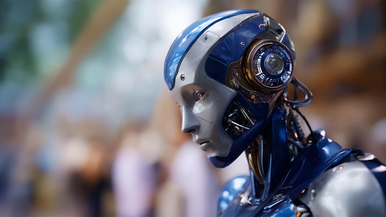 Primo piano di un robot futuristico con design elegante e tecnologia avanzata, catturato in due fotogrammi per fornire una panoramica della robotica e dello sviluppo dell'IA