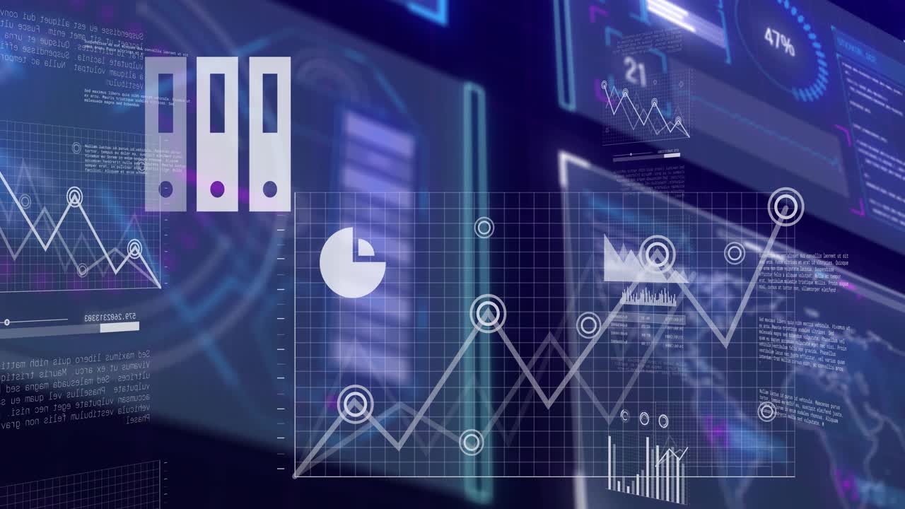 Sky-laptopikon vises og skaleres, diagrammer glider og udvides, og danner et lagdelt analyse-HUD.