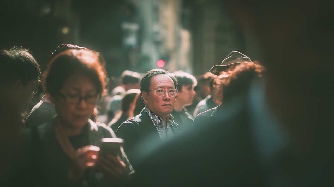 A solitary figure stands amidst a bustling crowd, capturing the essence of urban life where connections intertwine yet isolation prevails in the midst of the city hustle