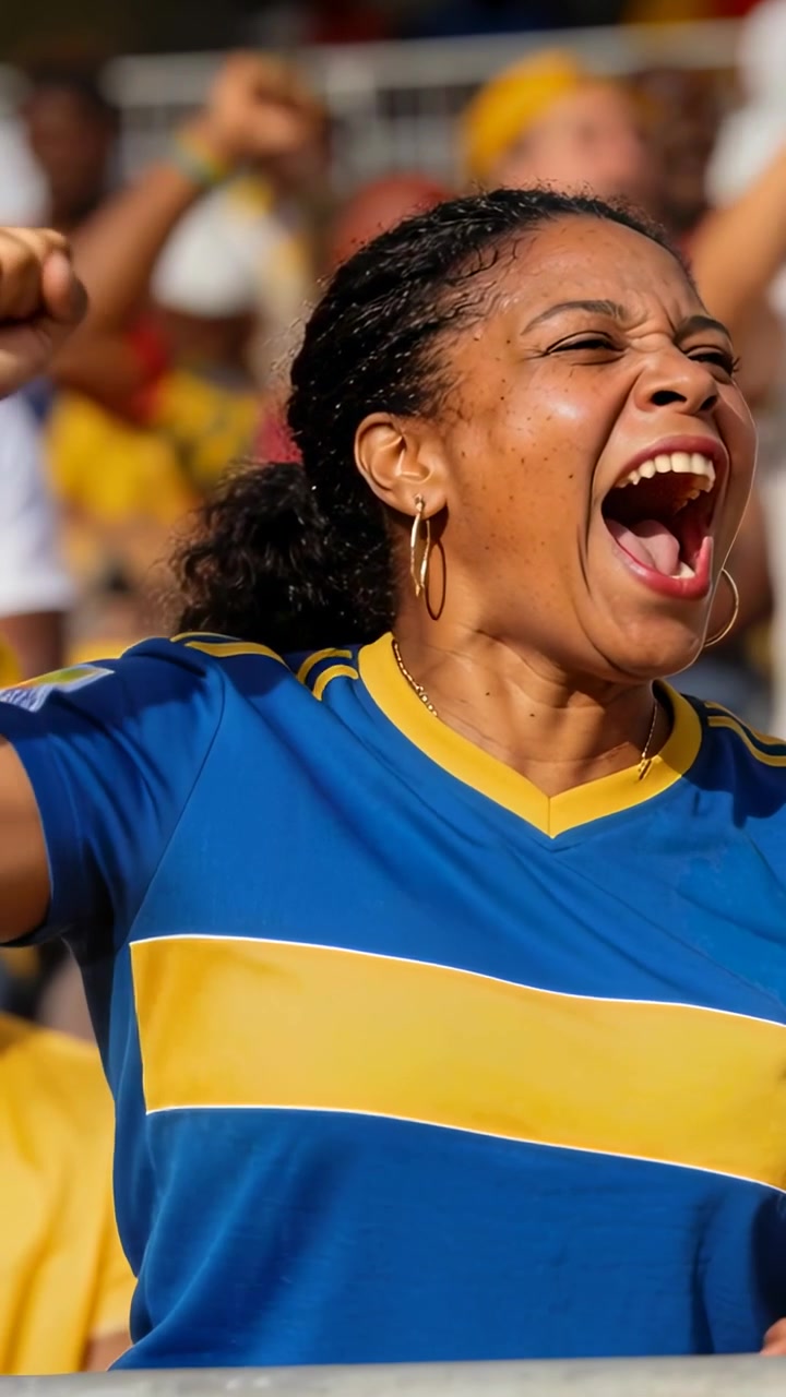 Vertical video: Reacting to crowd roar woman shouting, pumping fist behind railing in blue jersey