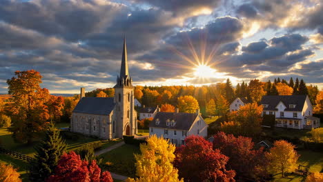 autumn village church at sunset