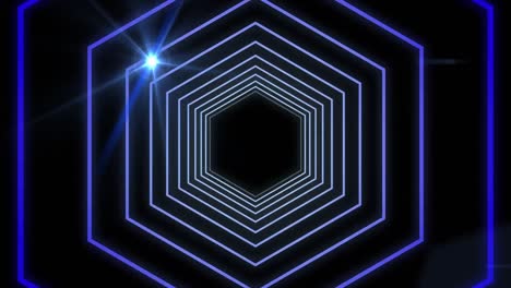 Tunnel-of-distorted-hexagon-outlines-moving-with-spotlights-on-black-background