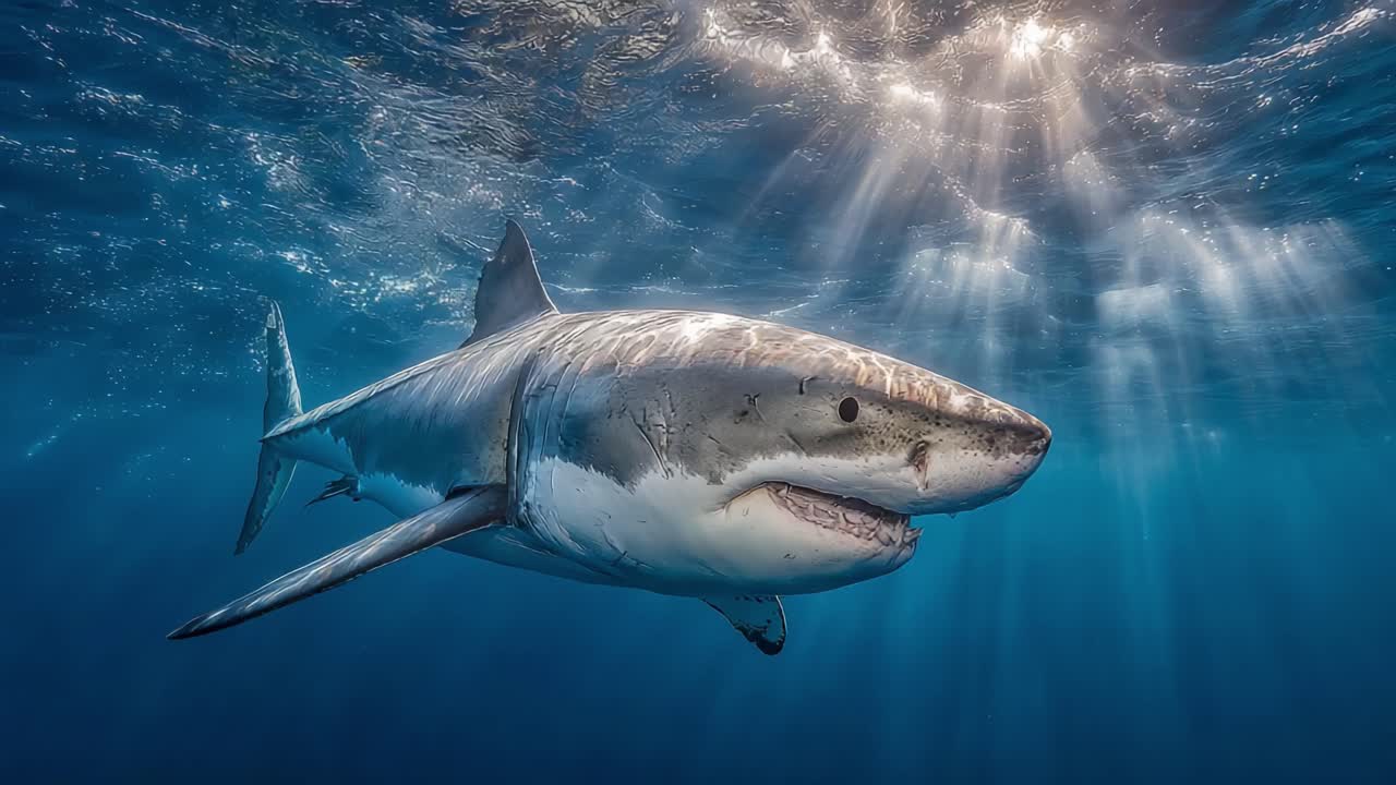 A Majestic Great White Shark Swimming Gracefully Through the Deep Ocean, Captured in Stunning Detail with Rays of Light Filtering from Above