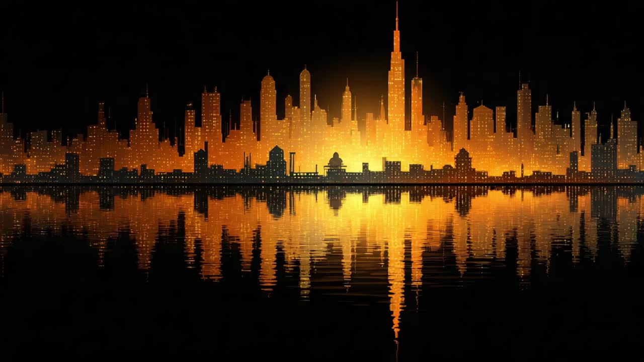 A Stunning Urban Skyline at Dusk: Radiant Lights Reflecting on the Water, Capturing the Essence of a Vibrant City Against a Golden Horizon