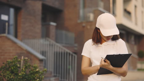 woman taking notes outside residential building