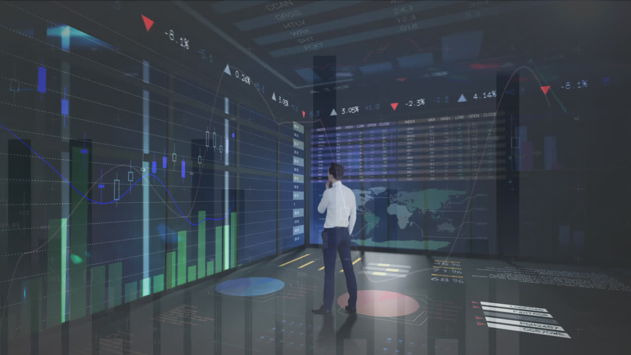 Animation of financial data processing over businessman