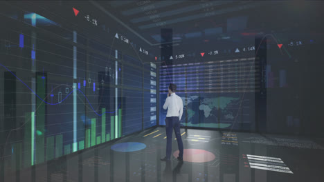 animation of financial data processing over businessman