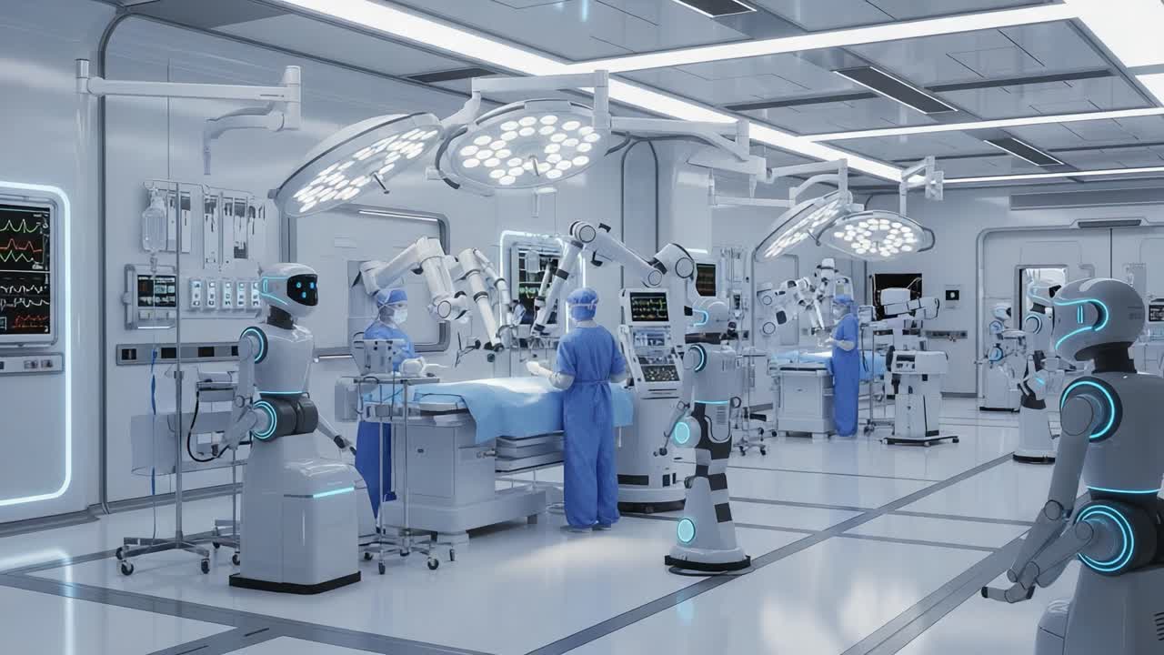 Futuristic Operating Room Featuring Advanced Robotics and Medical Technology, Showcasing Healthcare Innovation and Surreal Surgical Environment with Robotic Assistance
