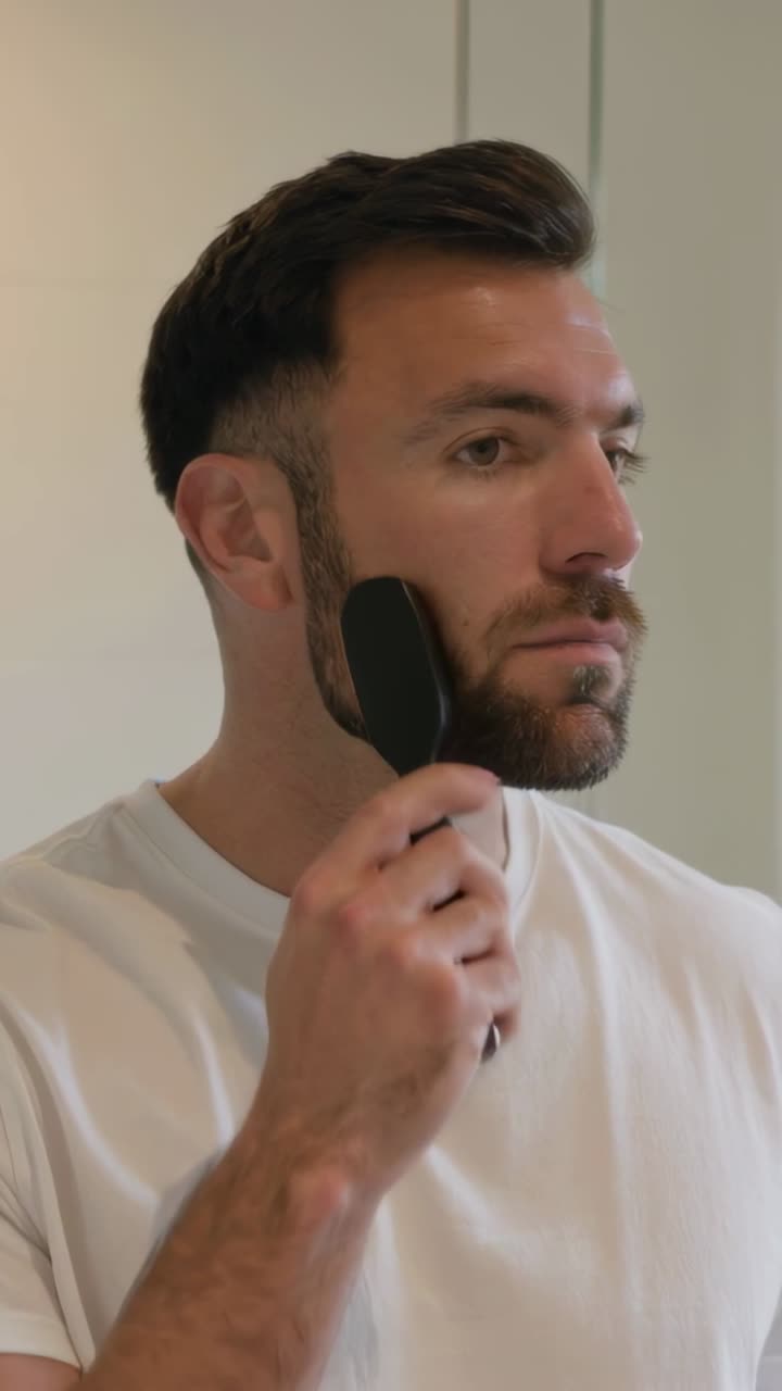 Video verticale: Un pennello nero che si alza, un uomo in maglietta bianca che sistema la barba nello specchio di casa per uniformarla.