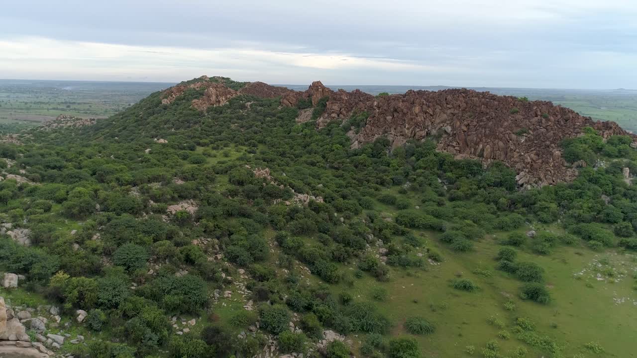 산 사이의 조감도, 전방 샷, 녹색 무성한 덤불과 스크럽 - 인도 언덕의 아름다운 경치