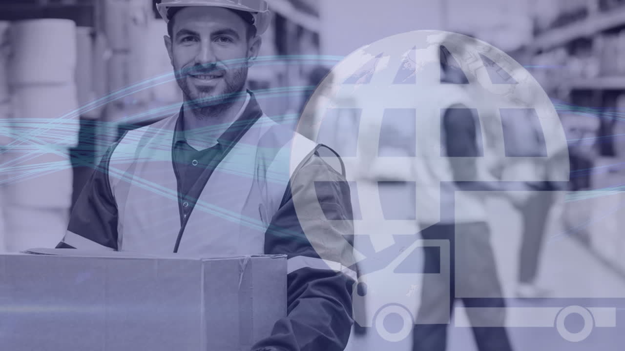 composición del almacén del hombre en el almacén combinado con el giro de la tierra y una ilustración