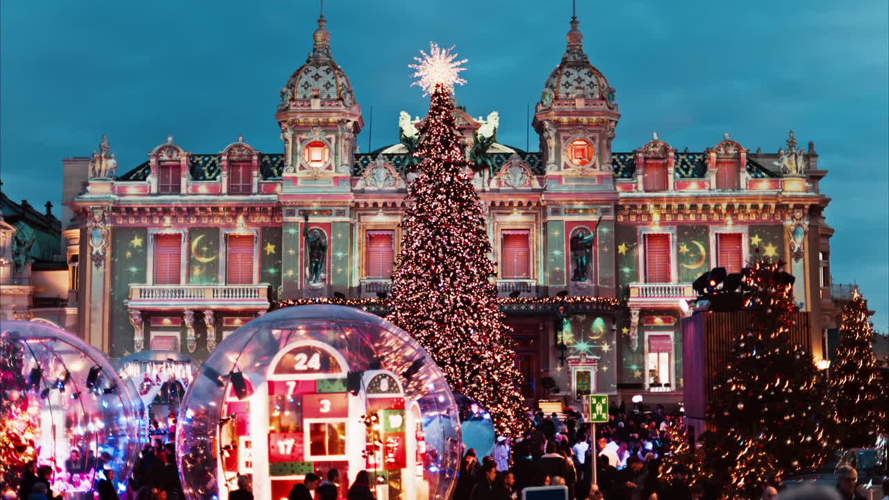 Monte Carlo, Monaco - December 14, 2024: Front view of the Monte Carlo Casino decorated for Christmas in the evening