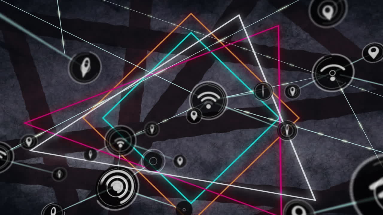 animación de la red de conexiones con iconos digitales sobre figuras geométricas