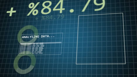 animation of interface with data processing over robotic arm against blue background