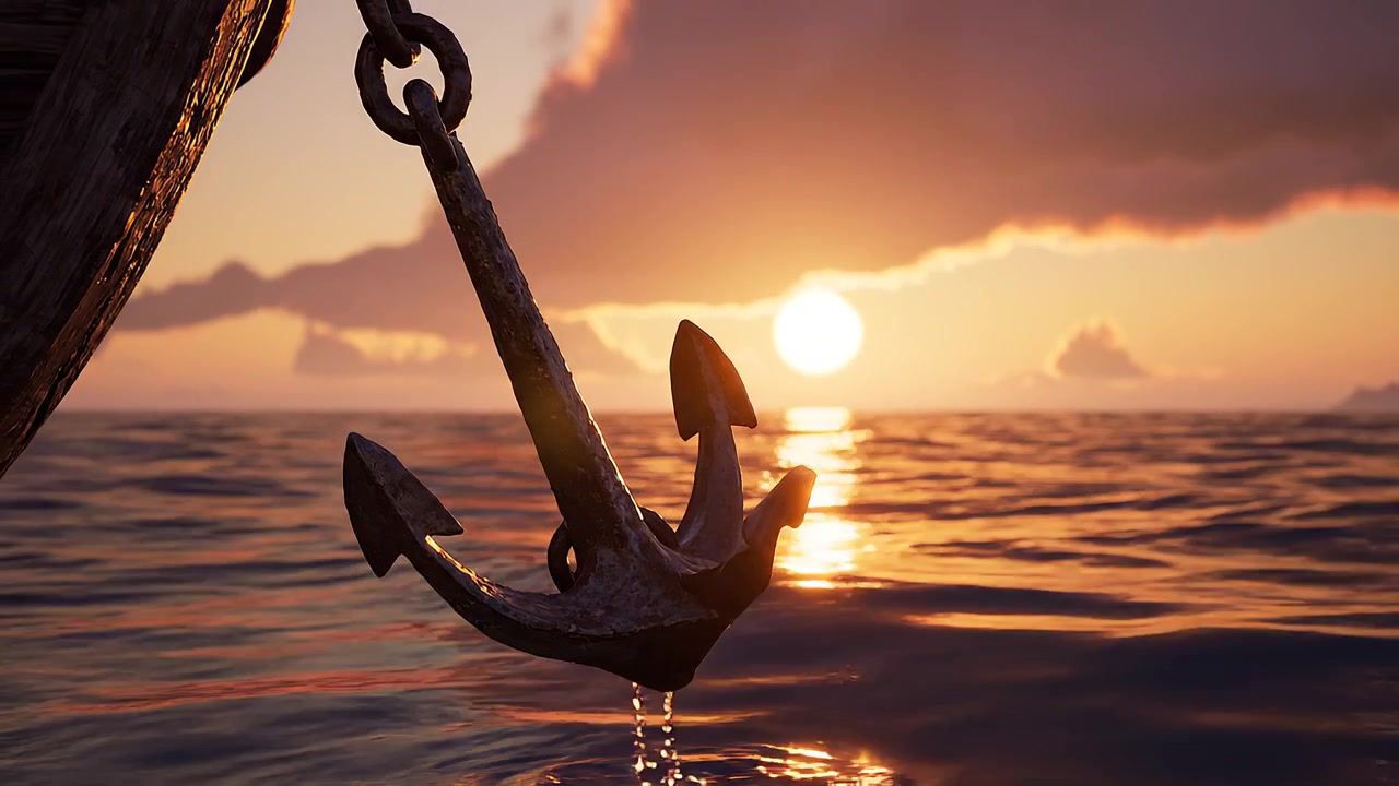 Vecchia ancora arrugginita sospesa sopra il mare durante un tramonto dorato.