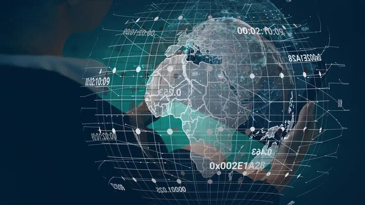 Animation of globe with data processing over caucasian businesswoman using tablet