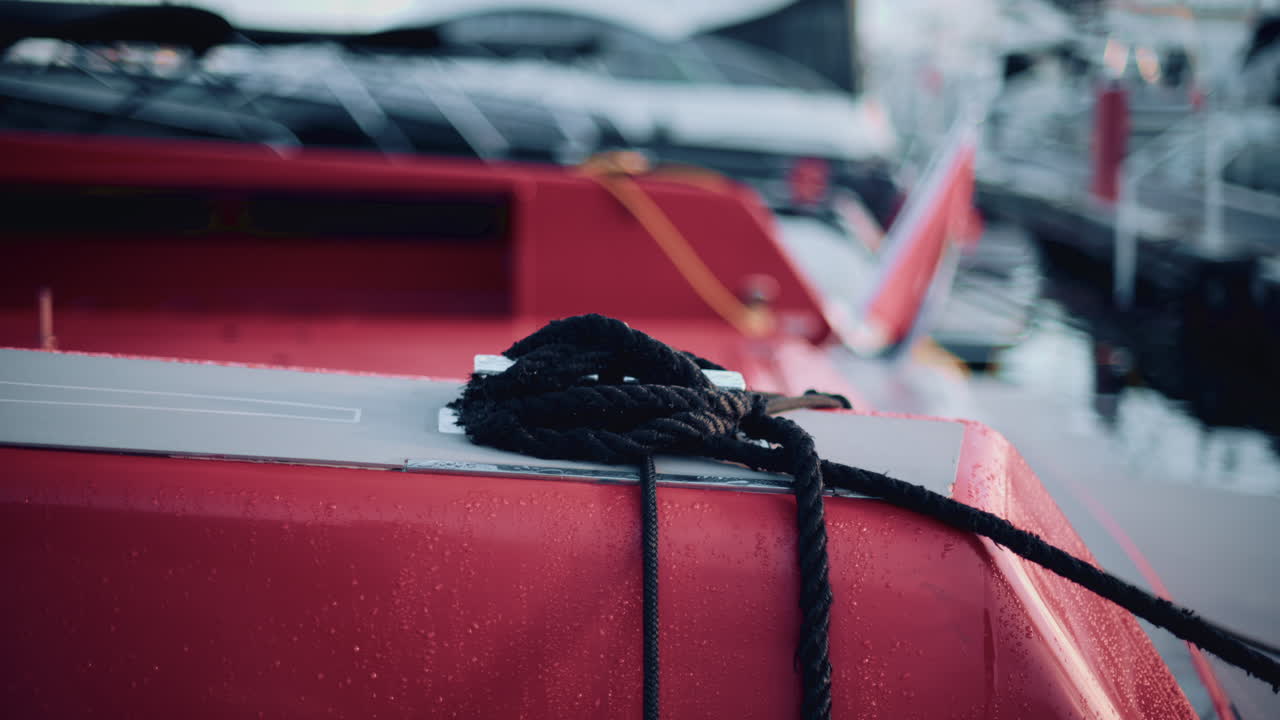 Close up of a red boat moored at a marina, with black rope coiled neatly on the deck