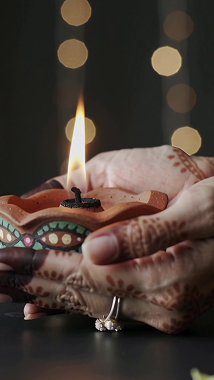 Vertical video: Lighting wick, henna hands cradling clay diya at dark table, with petals and bokeh