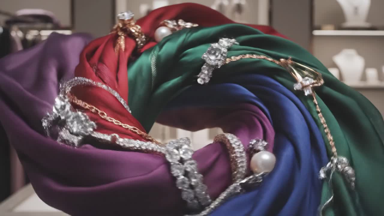 Jewelry and Colorful Silk Fabric