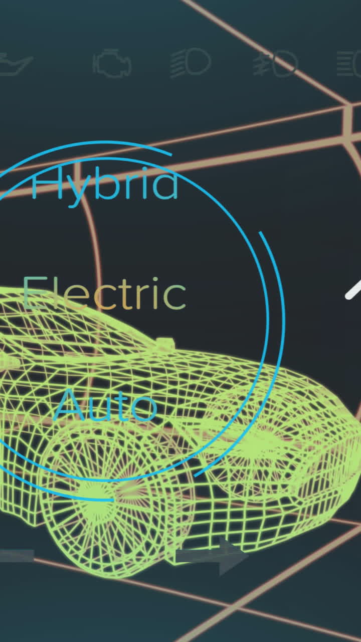 animación del velocímetro, el gps y los datos del estado de carga en la interfaz del coche híbrido, en el modelo de coche 3d