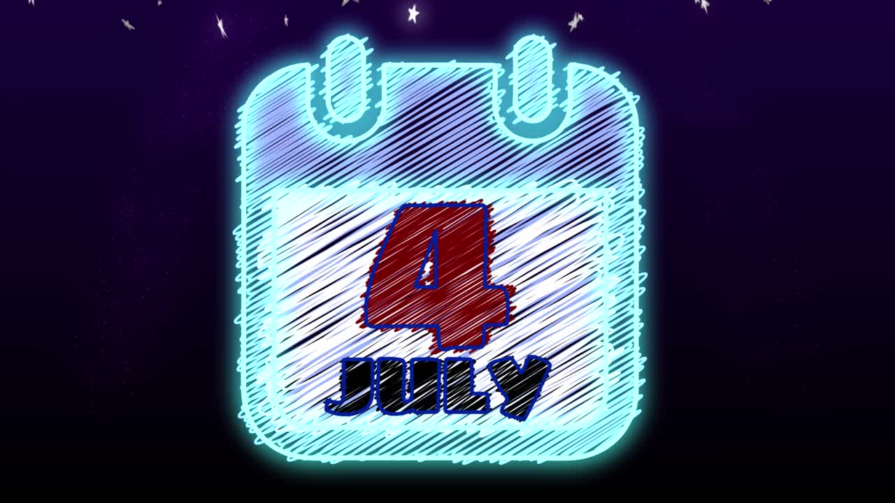 Clean and exciting animated motion graphic with glowing night color scheme, of a calendar page revealing the 4th of July, in scribble style, with cartoon fireworks and small glowing falling stars