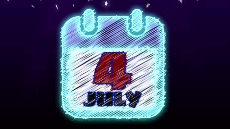 gráfico de movimiento animado limpio y emocionante con un esquema de color nocturno brillante, de una página de calendario que revela el 4 de julio, en estilo garabato, con fuegos artificiales de dibujos animados y pequeñas estrellas fugaces que brillan intensamente