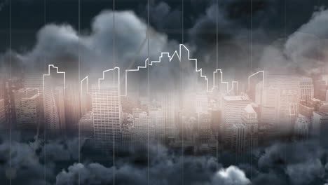 animación del contorno del paisaje urbano y las nubes tormentosas con cuadrícula