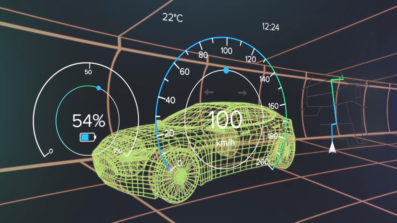 animación del velocímetro, el gps y los datos del estado de carga en la interfaz del vehículo, en un modelo de coche 3d