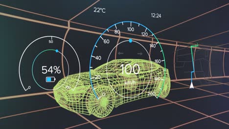 Animación-De-Velocímetro,-GPS-Y-Datos-De-Estado-De-Carga-En-La-Interfaz-Del-Vehículo,-Sobre-Un-Modelo-De-Automóvil-En-3D.