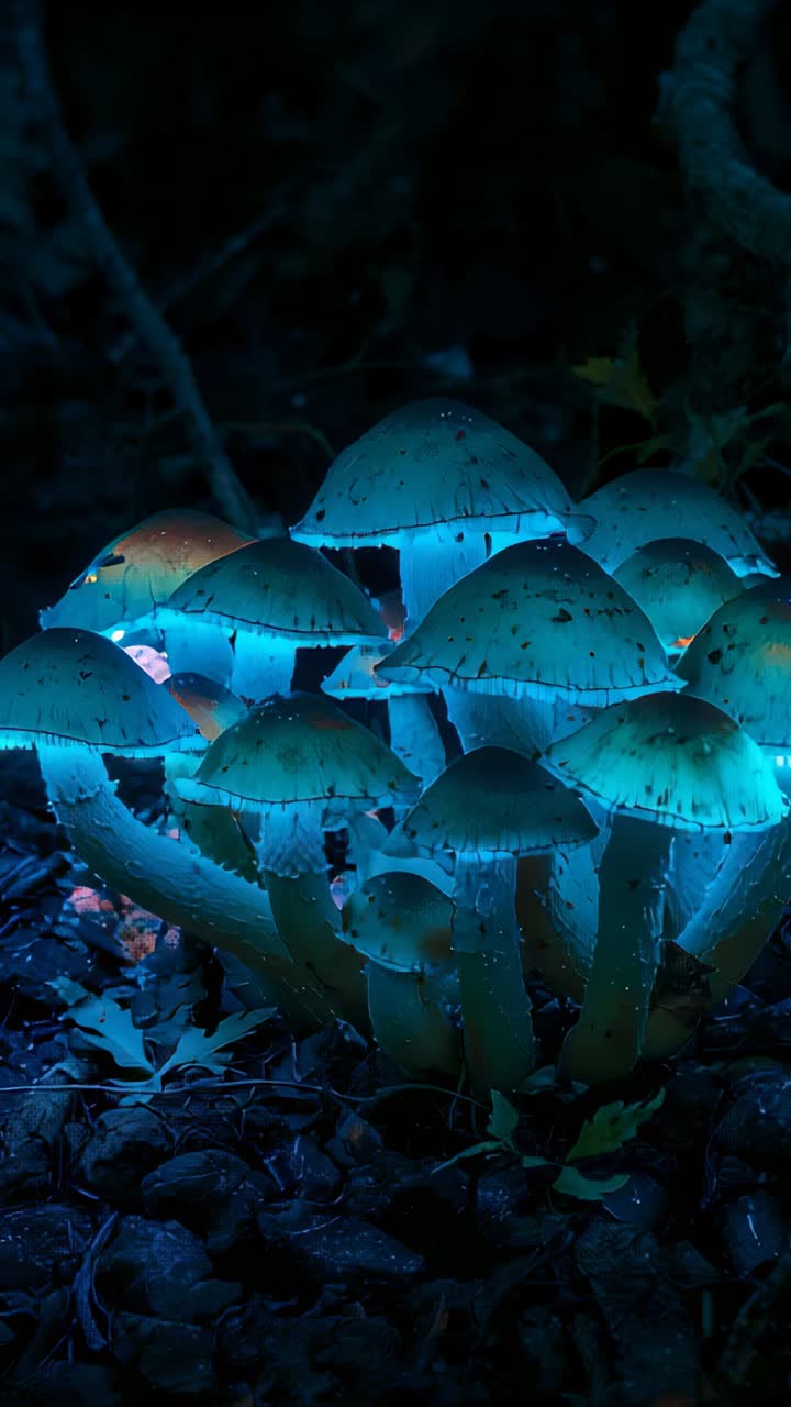 Video verticale: ripresa dal basso che rivela funghi luminosi sul suolo della foresta, esponendo i bordi delle lamelle