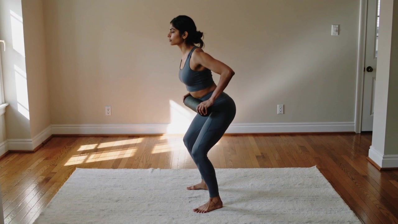 Donna in abbigliamento sportivo grigio che inizia uno squat parziale, facendo squat con un foam roller a casa per il fitness