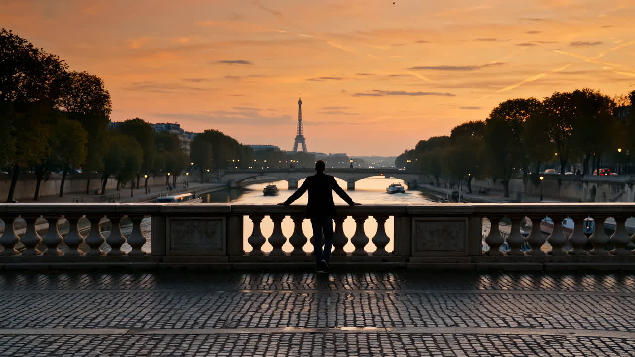 Man overlooking the Eiffel Tower and River Seine at sunset in Paris