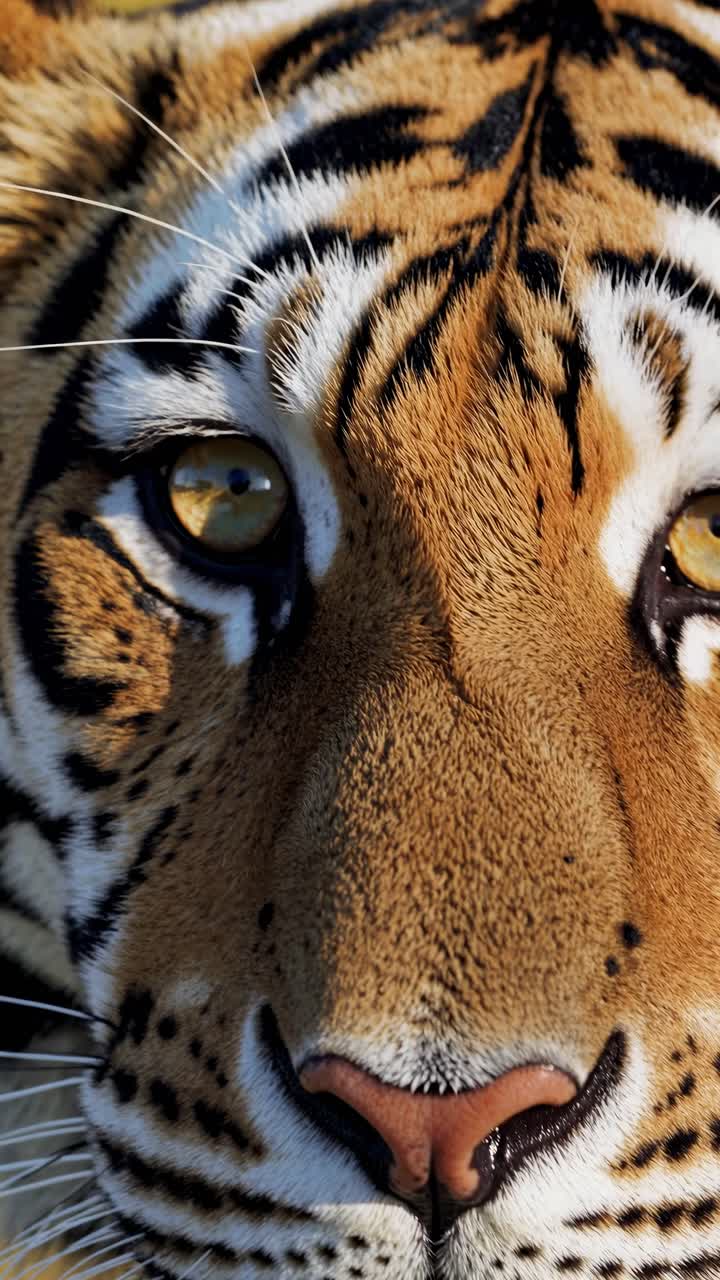 Close-up of a tiger's face, focusing on the eye, captured from a low angle