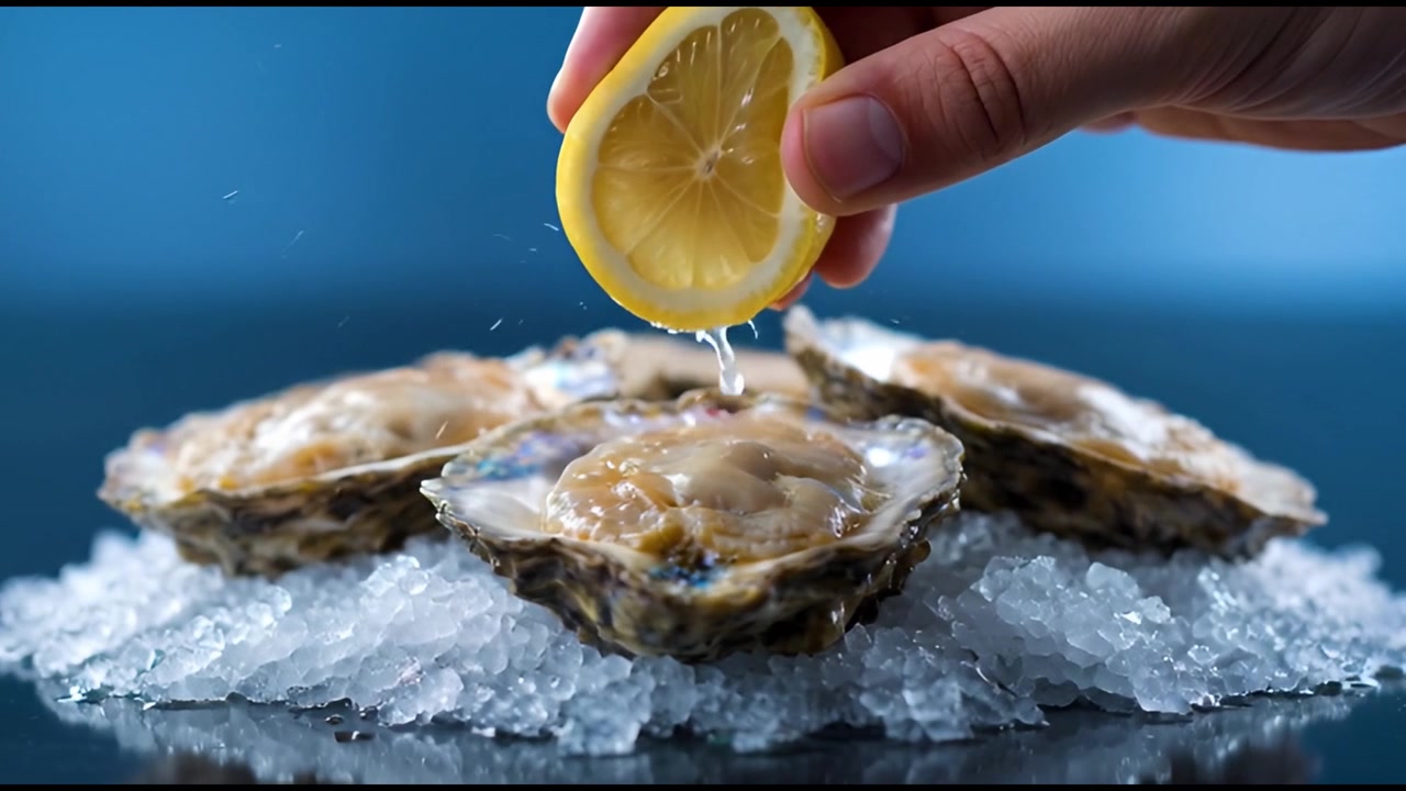 Hand Squeezing Fresh Lemon Juice Over Raw Oysters on Ice