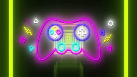 Neon game controller floating inside 3D glowing yellow cube, illuminating geometric icons around