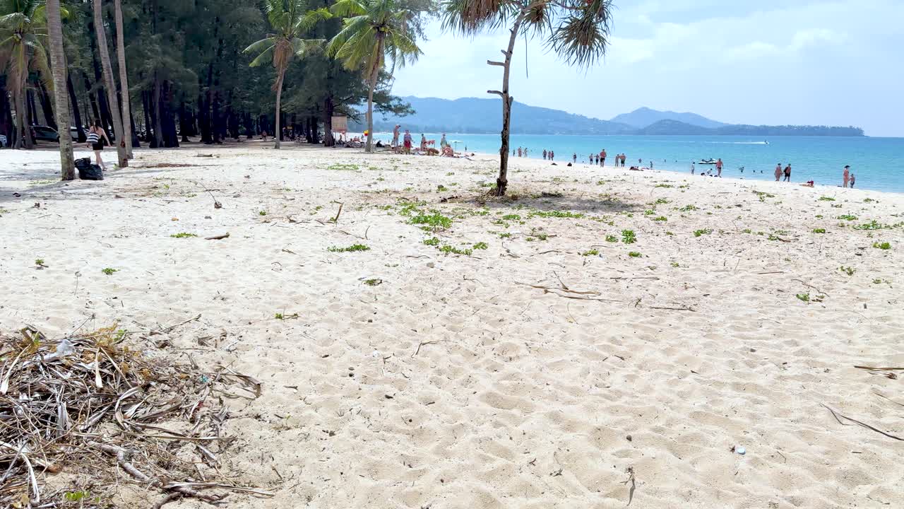 Uma panorâmica lenta revela lixo plástico e detritos naturais em uma praia tropical ensolarada.