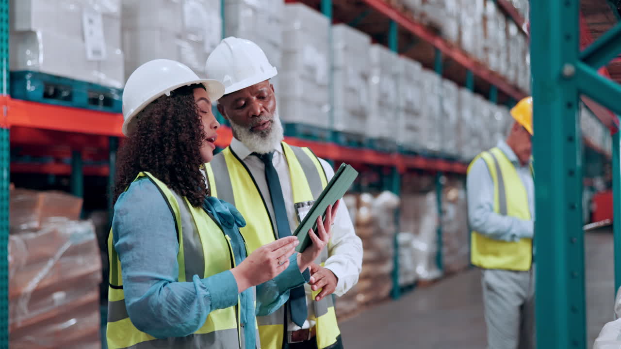 Professional Workers Discussing Inventory on Tablet in Warehouse