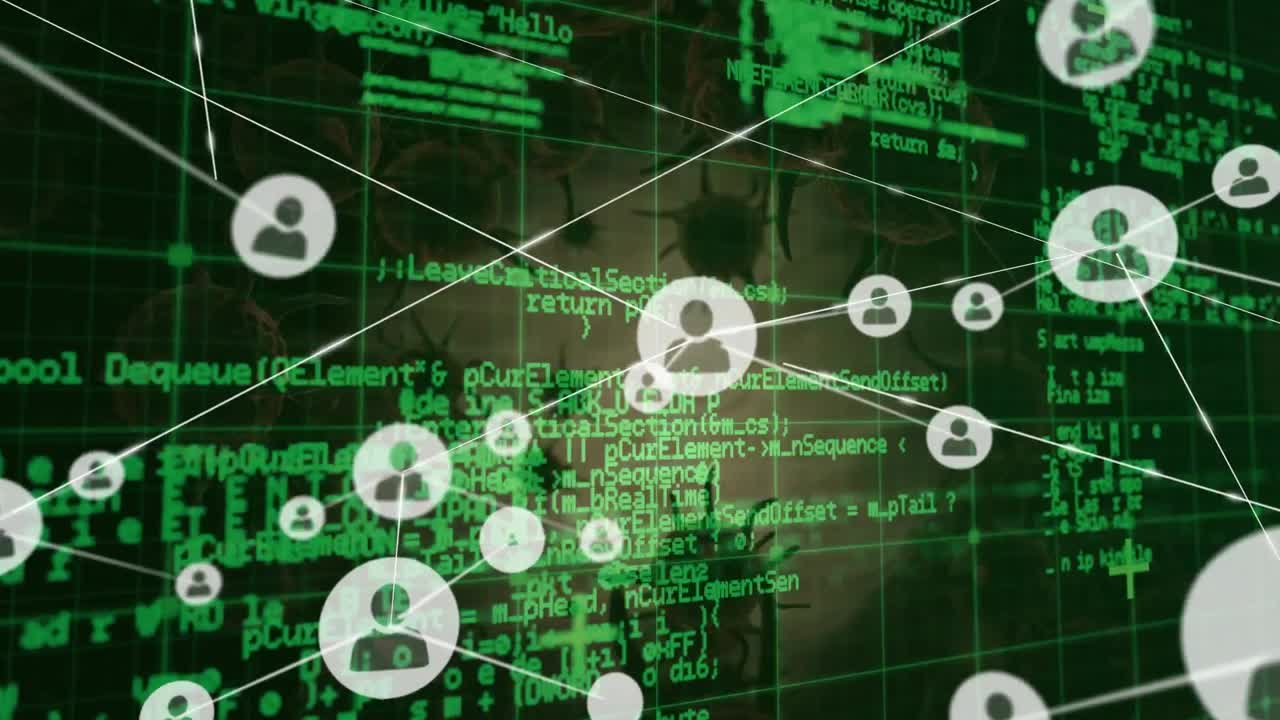 animación de la red de conexiones sobre células de virus y procesamiento de datos