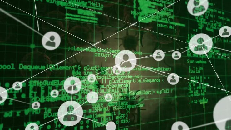 Animation of network of connections over virus cells and data processing