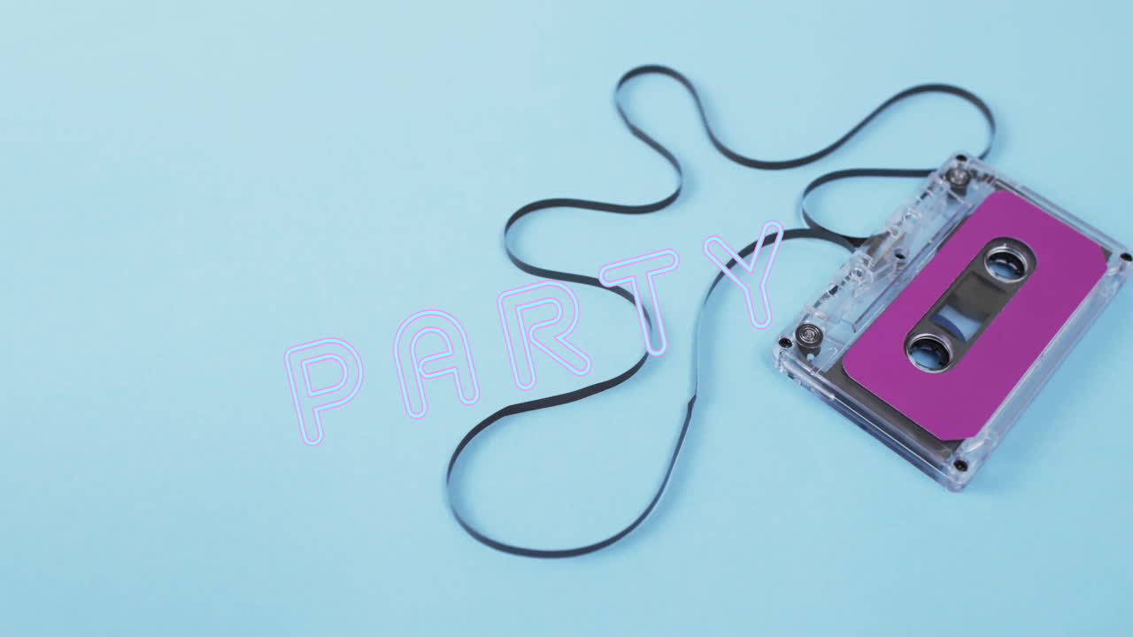 animación del texto de la fiesta sobre cinta sobre fondo azul