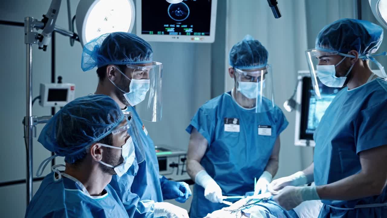 Medical team in surgery, captured from a side angle. The video style is clinical and focused