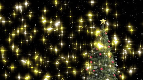 animation of snow falling and christmas tree over black background