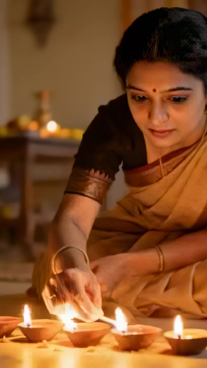 Video verticale: Donna in sari chinata che accende delle diya con una fiamma manuale per una puja a casa