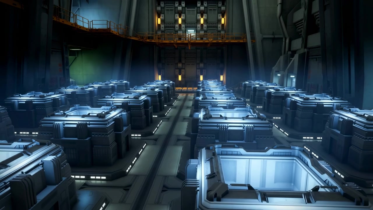 Panoramic interior of high tech hangar filled with orderly rows of large rectangular containers on raised platforms, organized into precise grid with clear central aisle leading toward tall