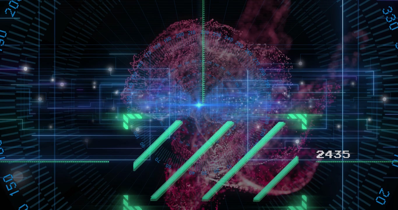Initiating HUD scanning locking onto red-pink cloud at console, with five cyan bars, green brackets