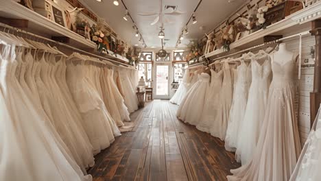 interior view of a bridal shop aisle with rows of wedding dresses