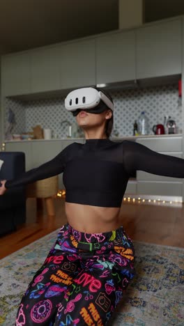 woman using vr headset in meditation or exercise routine at home